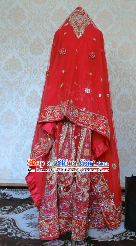 Indian Traditional Diamante Red Lehenga Costume Asian Hui Nationality Wedding Bride Embroidered Dress for Women