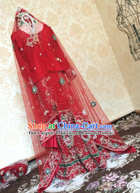 Indian Traditional Court Wedding Dress Asian Hui Nationality Bride Diamante Red Lehenga Costume for Women