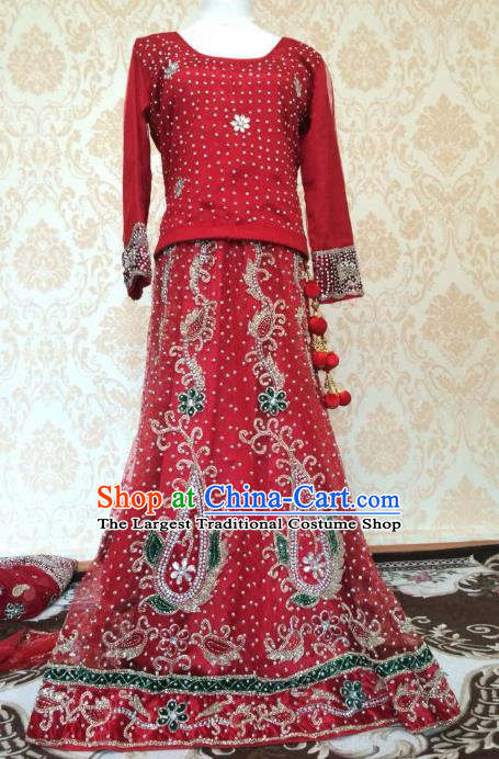 Indian Traditional Court Wedding Dress Asian Hui Nationality Bride Diamante Red Lehenga Costume for Women