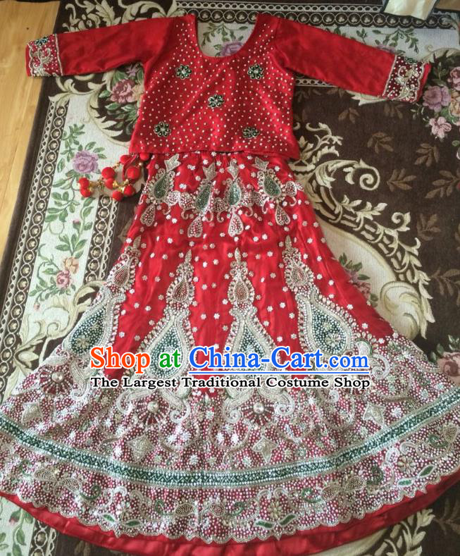 Indian Traditional Court Diamante Wedding Dress Asian Hui Nationality Bride Red Lehenga Costume for Women