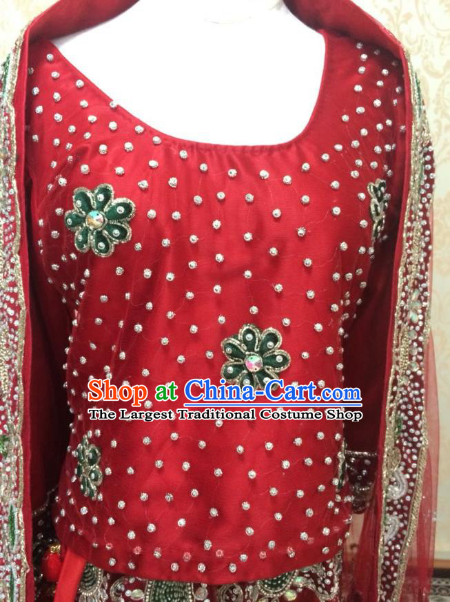 Indian Traditional Court Diamante Wedding Dress Asian Hui Nationality Bride Red Lehenga Costume for Women