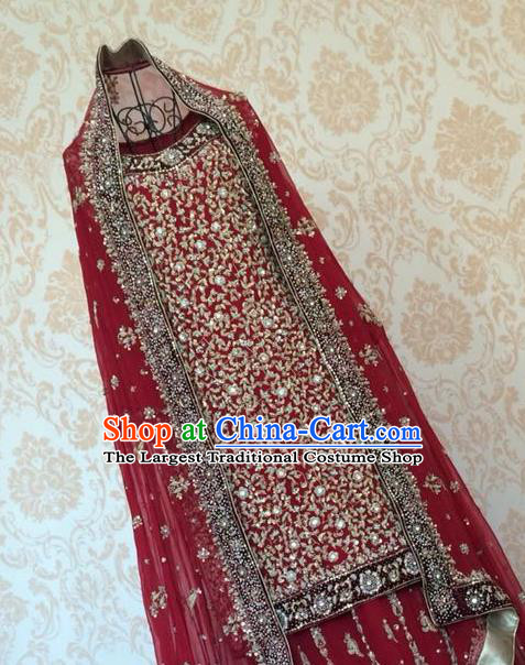 Indian Traditional Court Embroidered Beading Wedding Dress Asian Hui Nationality Bride Red Lehenga Costume for Women