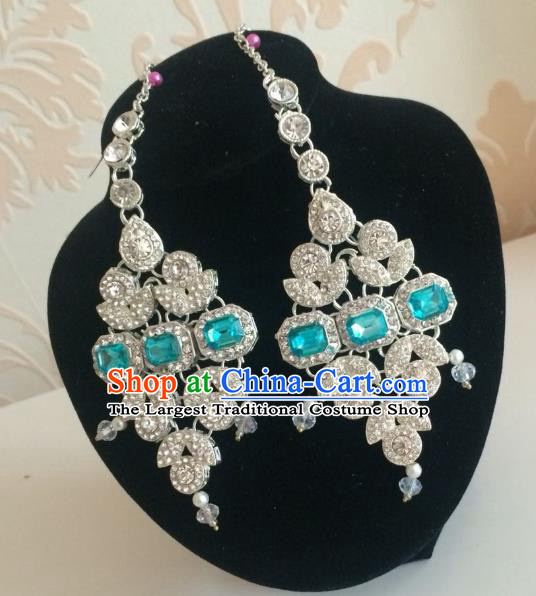 Indian Traditional Wedding Blue Crystal Earrings Asian India Court Bride Jewelry Accessories for Women