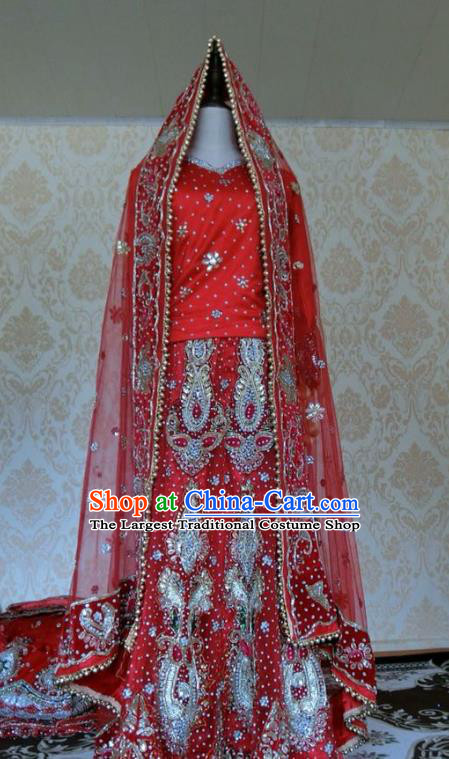 Indian Traditional Court Wedding Diamante Red Lehenga Costume Asian Hui Nationality Bride Dress for Women