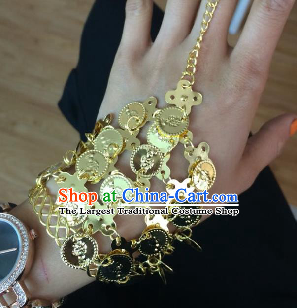 Indian Traditional Wedding Golden Bracelet with Ring Asian India Court Bride Jewelry Accessories for Women