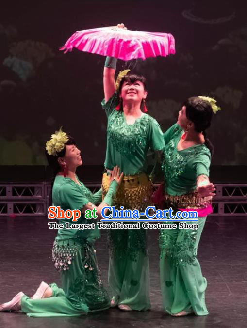 Chinese Trio Happy Spring Fan Dance Green Outfits Traditional Folk Dance Stage Performance Costume for Women
