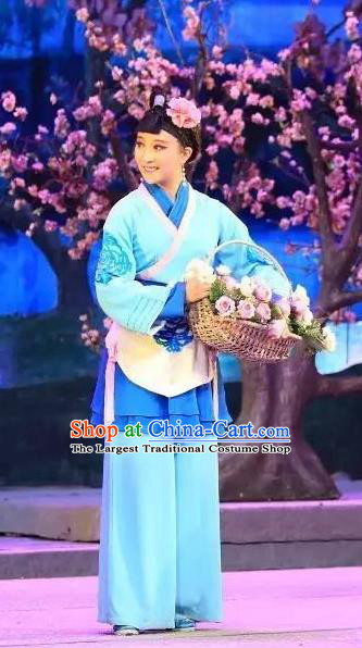 Chinese Shaoxing Opera Country Girl Blue Apparels Costumes and Headpieces He Wenxiu Yue Opera Xiaodan Maidservant Dress Garment
