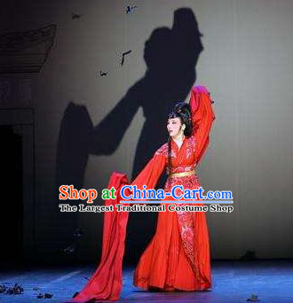Chinese Shaoxing Opera Hua Tan Red Costumes and Headdress Hedda or Aspiration Sky High Yue Opera Huadan Dress Garment Actress Apparels