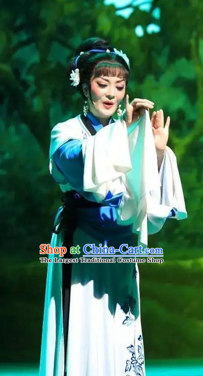 Chinese Shaoxing Opera Distress Maiden Costumes and Headpieces He Wenxiu Yue Opera Young Female Dress Garment Apparels