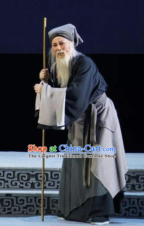 Chinese Yue Opera Poor Old Man Apparels and Headwear Breeze Pavilion Shaoxing Opera Elderly Male Zhang Yuanxiu Garment Costumes