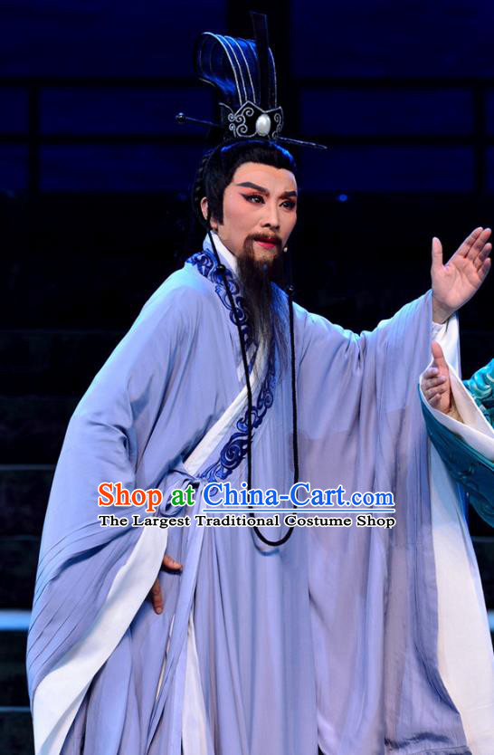 Chinese Yue Opera Middle Age Male Apparels Costumes and Headwear Qu Yuan Shaoxing Opera Laosheng Poet Garment