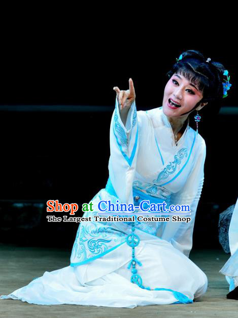 Qu Yuan Chinese Shaoxing Opera Young Lady Actress Costumes Garment and Headpieces Yue Opera Hua Tan Chan Juan White Hanfu Dress Apparels