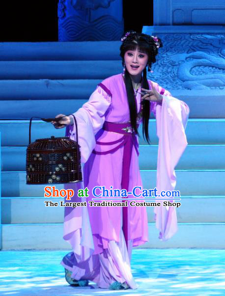 Chinese Shaoxing Opera Court Maid Purple Dress Garment and Headdress Palm Civet for Prince Yue Opera Hua Tan Kou Zhu Apparels Costumes