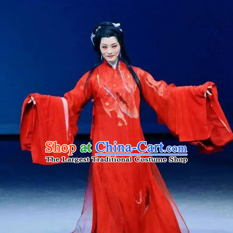 Chinese Shaoxing Opera Actress Hua Tan Red Dress Garment Costumes and Headpieces Qing Teng Kuang Ge Yue Opera Young Dame Apparels