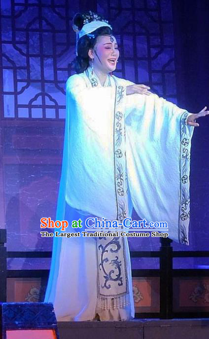 Chinese Shaoxing Opera Queen Dou White Dress Costumes and Hair Accessories Han Wen Empress Yue Opera Actress Garment Apparels