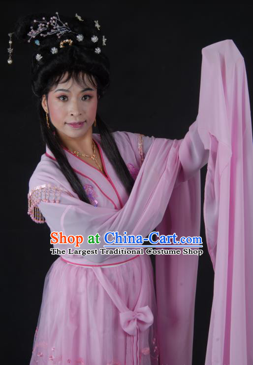 Chinese Shaoxing Opera Young Beauty Pink Costumes and Headpieces Mo Chou Nv Yue Opera Hua Tan Dress Apparels Actress Garment