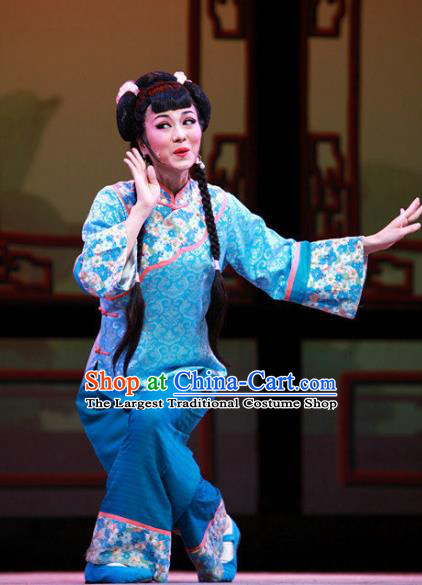 Chinese Shaoxing Opera Xiaodan Dress and Headpieces Yue Opera Young Lady Garment Apparels Servant Girl Blue Costumes