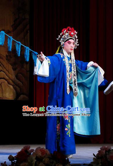 Chinese Classical Kun Opera Takefu Apparels Princess Baihua Peking Opera Young Male Costumes Blue Robe and Headwear