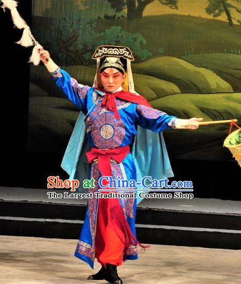 Chinese Classical Kun Opera Martial Man The Palace of Eternal Youth Costumes Garment and Hat Peking Opera Wusheng Blue Apparels