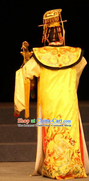 Chinese Yue Opera Young Male Costumes and Headwear Han Gong Yuan Shaoxing Opera Emperor Liu Xun Garment Apparels Ceremonial Robe