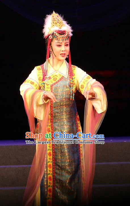 Chinese Shaoxing Opera Young Woman Dress Costumes and Headwear Xi Ma Qiao Yue Opera Princess A Jiao Garment Apparels
