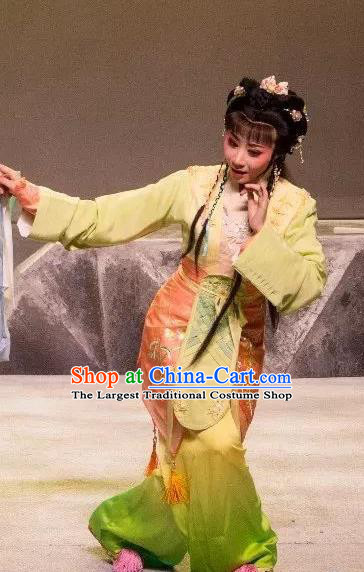 Chinese Shaoxing Opera Young Lady Garment and Headpieces Dong Jun Qu Qi Yue Opera Country Girl Zhi Lan Dress Apparels Costumes