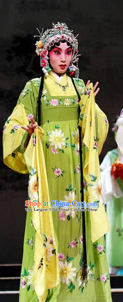 Chinese Kun Opera Court Lady Green Dress The Palace of Eternal Youth Costumes Peking Opera Hua Tan Actress Apparels Garment and Headpieces
