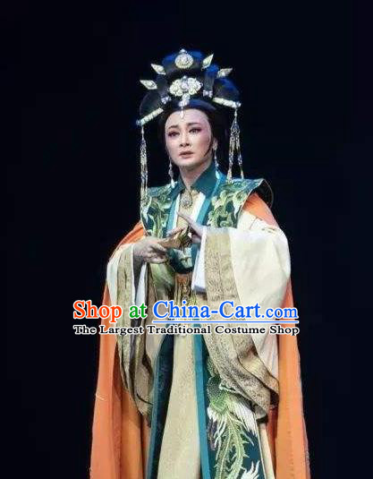 Chinese Shaoxing Opera Actress Queen Garment Costumes and Headdress Wang Yangming Yue Opera Hua Tan Dress Apparels