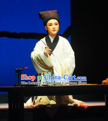 Su Qin Chinese Yue Opera Scholar Robe Apparels Young Male Costumes and Hat Shaoxing Opera Niche Garment