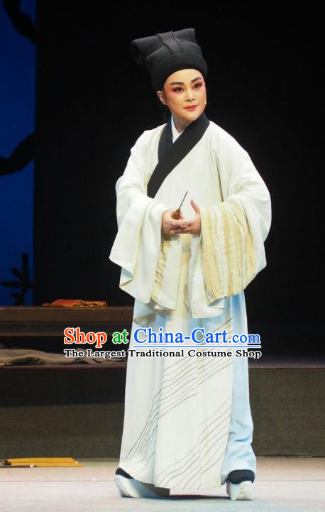 Su Qin Chinese Yue Opera Scholar Robe Apparels Young Male Costumes and Hat Shaoxing Opera Niche Garment