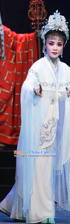 Chinese Shaoxing Opera Wu Dan Actress Bai Suzhen Garment Costumes and Headdress Legend of White Snake Yue Opera Hua Tan White Dress Apparels