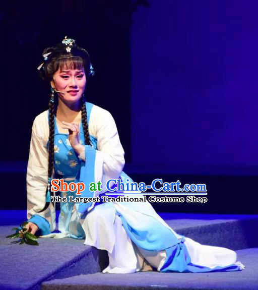 Chinese Shaoxing Opera Village Girl Blue Dress Costumes and Headpieces Hu Po Yuan Yue Opera Country Woman Jin Sulan Garment Apparels