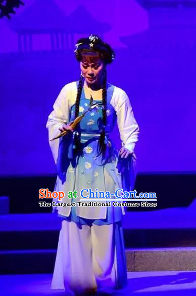 Chinese Shaoxing Opera Village Girl Blue Dress Costumes and Headpieces Hu Po Yuan Yue Opera Country Woman Jin Sulan Garment Apparels