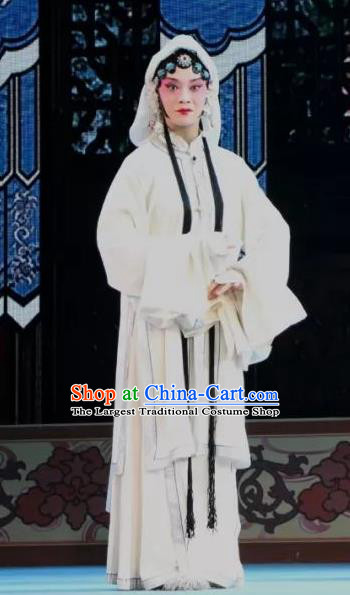 Chinese Shaoxing Opera Distress Maiden White Dress Apparels Costumes and Headdress Bai Sui Gua Shuai Yue Opera Actress Mu Guiying Garment