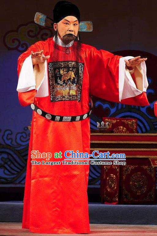 Chinese Kun Opera Official Red Robe Fifteen Strings of Cash Garment Clothing and Headwear Kunqu Opera Magistrate Kuang Zhong Apparels Costumes