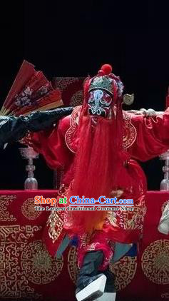 Burning Incense Chinese Kun Opera Wusheng Red Apparels Garment Costumes and Headwear Kunqu Opera Warrior Clothing