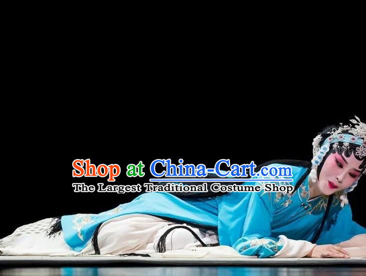 Chinese Kun Opera Actress Fu Guiying Blue Dress Apparels Costumes and Headdress Burning Incense Kunqu Opera Hua Tan Diva Garment