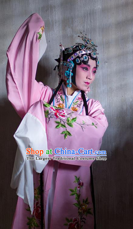 Chinese Kun Opera Young Female Du Liniang Pink Dress Apparels and Headdress Dream in The Garden Traditional Kunqu Opera Hua Tan Garment Costumes