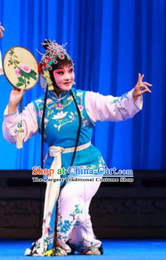 Chinese Kun Opera Xiaodan Blue Dress Apparels and Headdress Dream in The Garden Traditional Kunqu Opera Servang Girl Chun Xiang Garment Costumes