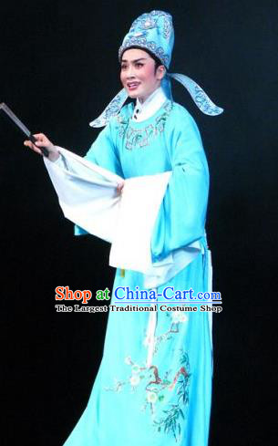 Chinese Yue Opera Rich Niche Apparels Yu Qing Ting Shaoxing Opera Young Male Costumes Scholar Shen Guisheng Blue Garment and Headwear