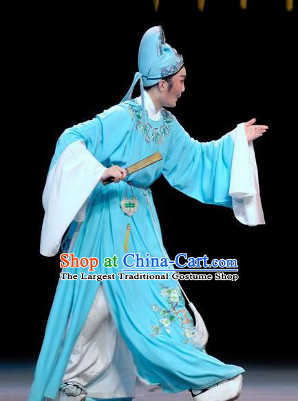 Chinese Yue Opera Rich Niche Apparels Yu Qing Ting Shaoxing Opera Young Male Costumes Scholar Shen Guisheng Blue Garment and Headwear