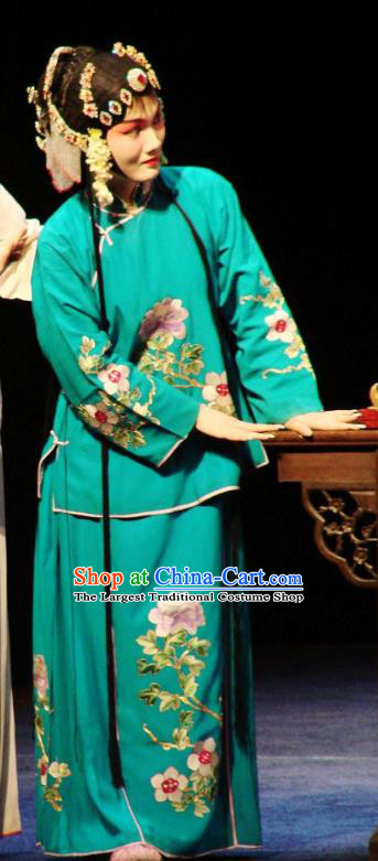 Chinese Kun Opera Hua Tan Costumes Apparels and Headdress Green Peony Traditional Kunqu Opera Actress Young Beauty Che Jingfang Dress Garment