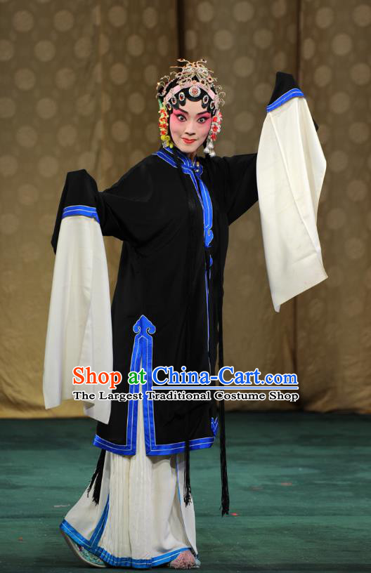 Chinese Kun Opera Tsing Yi Zou Feixia Costumes Apparels and Headpieces Yu Jia Le Traditional Kunqu Opera Distress Maiden Black Dress Garment