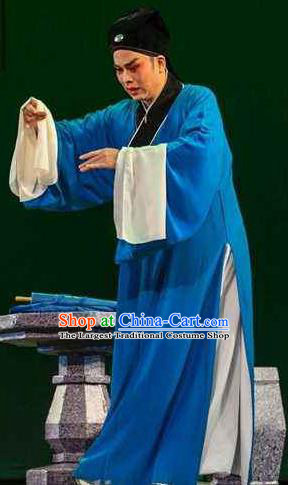 Chinese Yue Opera Niche Xiao Sheng Apparels The Pearl Tower Shaoxing Opera Costumes Young Male Garment Poor Scholar Blue Robe and Hat