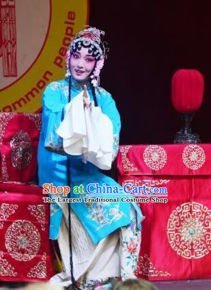 Chinese Kun Opera Actress Zhong Hua Blue Dress Costumes and Headdress Zhong Kui Jia Mei Traditional Kunqu Opera Hua Tan Garment Apparels