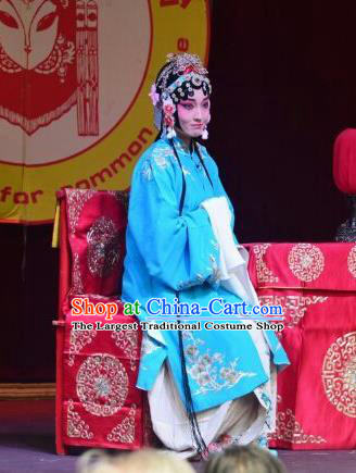 Chinese Kun Opera Actress Zhong Hua Blue Dress Costumes and Headdress Zhong Kui Jia Mei Traditional Kunqu Opera Hua Tan Garment Apparels