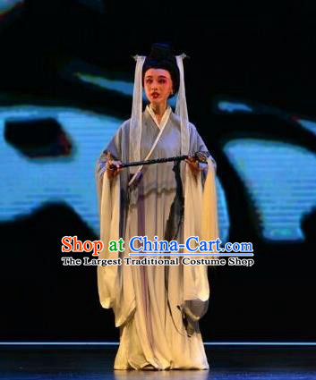 Chinese Huangmei Opera Young Female Grey Apparels Costumes and Headpieces Taibai Drunk Traditional Anhui Opera Taoist Nun Dress Garment