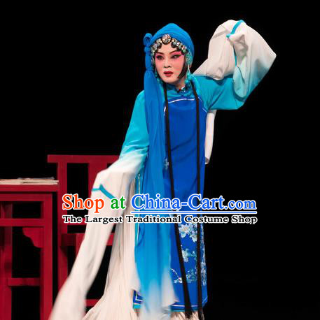 Chinese Huangmei Opera Distress Woman Garment Costumes and Headdress Luo Pa Ji Traditional Anhui Opera Actress Chen Saijin Blue Dress Apparels