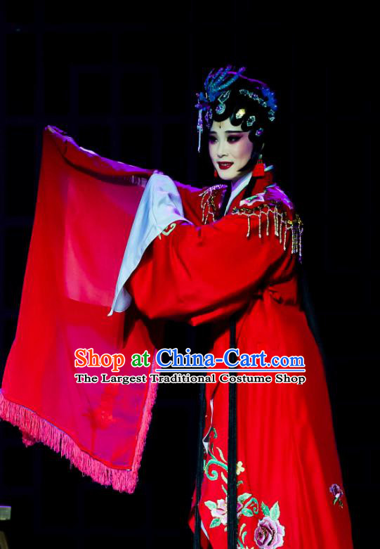 Chinese Huangmei Opera Actress Red Garment Costumes and Headdress Ji Mo Han Qing Traditional Anhui Opera Hua Tan Wedding Dress Apparels