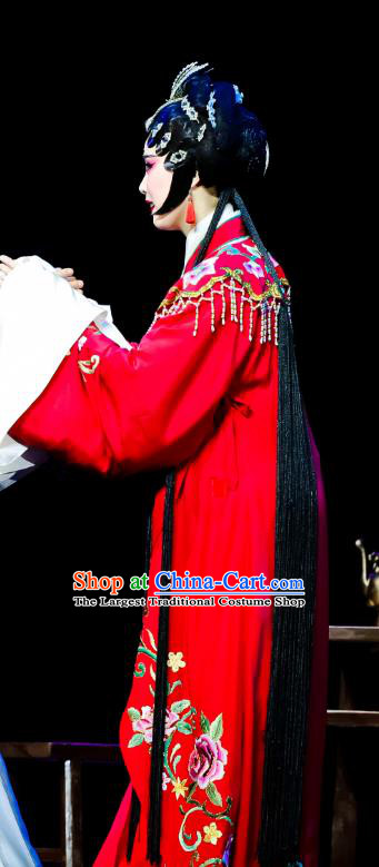Chinese Huangmei Opera Actress Red Garment Costumes and Headdress Ji Mo Han Qing Traditional Anhui Opera Hua Tan Wedding Dress Apparels